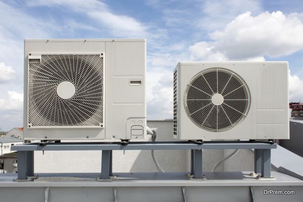 Air conditioning system assembled on top of a building.