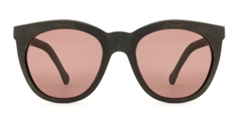 Bamboo Wood Panto Clear Sunglasses with Pink Lenses